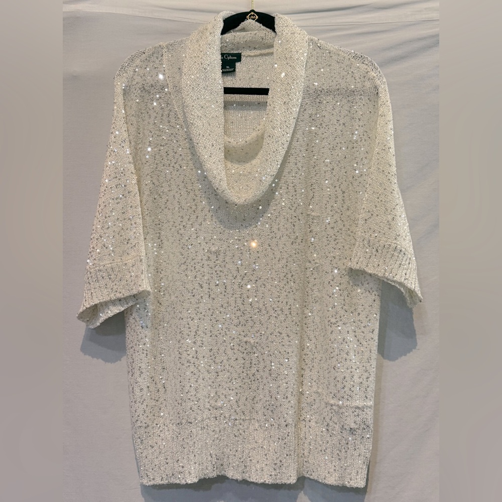 Nue Options Sequined White Cowl Neck Knit Sweater Top